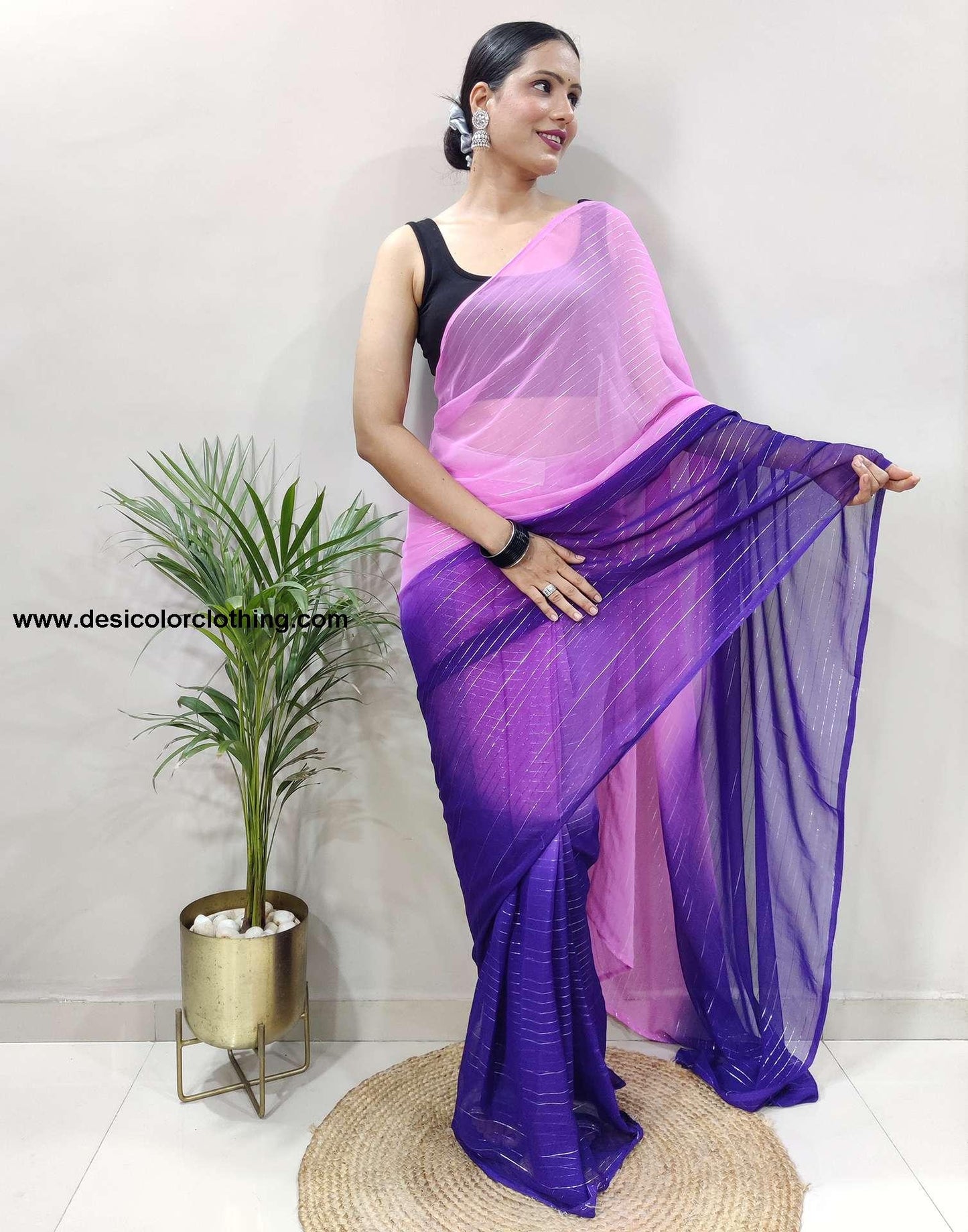 Pink Plain Georgette Pre-draped Saree