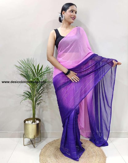 Pink Plain Georgette Pre-draped Saree
