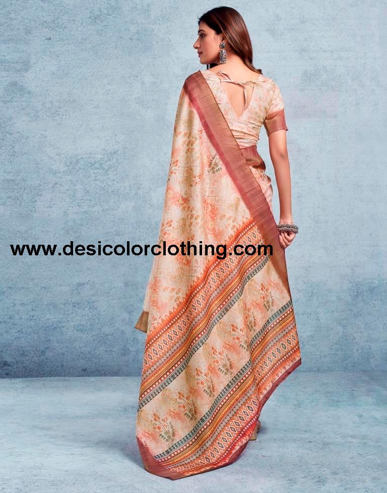 Cream Silk Printed  Saree