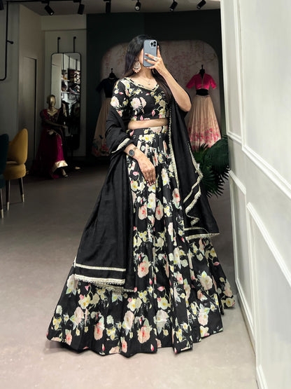Product Image - Stunning Printed Lehenga Choli in Tussar Silk - Perfect for Weddings and Festive Wear