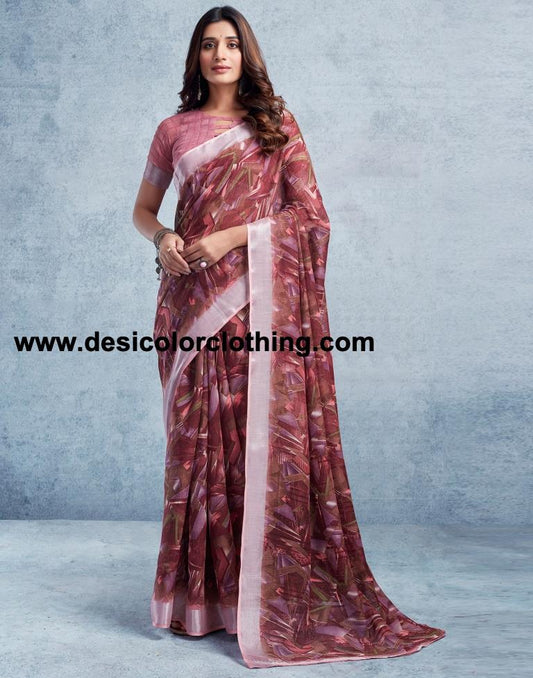 Wine Linen Printed  Saree