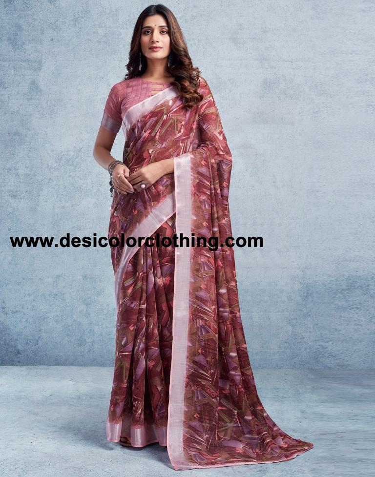 Wine Linen Printed  Saree