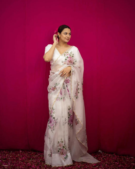 Product Image - Designer Satin Organza Saree with Handcrafted Floral Prints and Pearl Cutwork Border