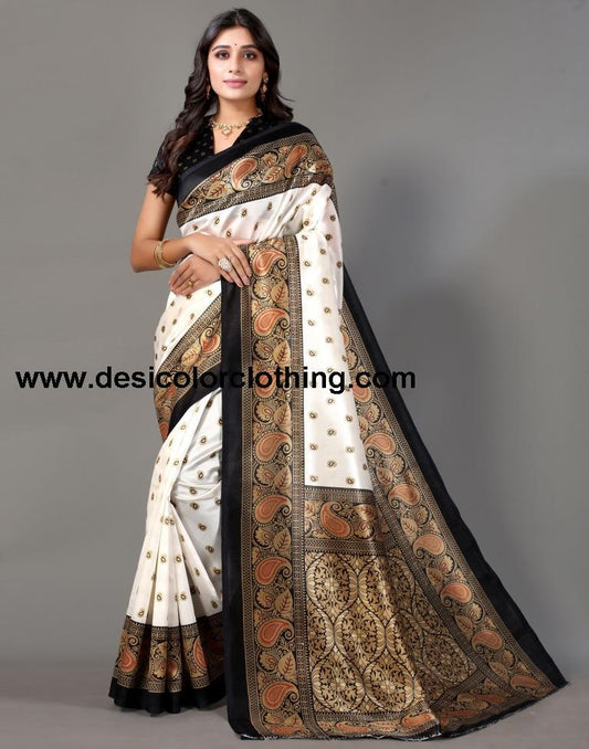 White Printed Silk Saree