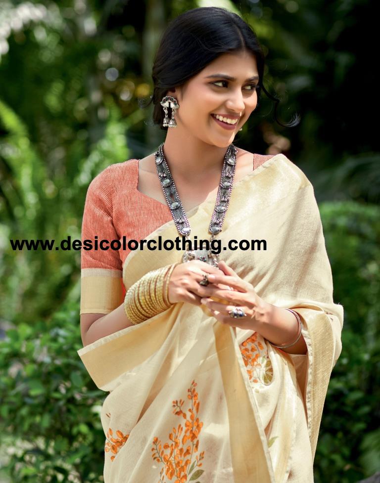 Cream Cotton Printed  Saree