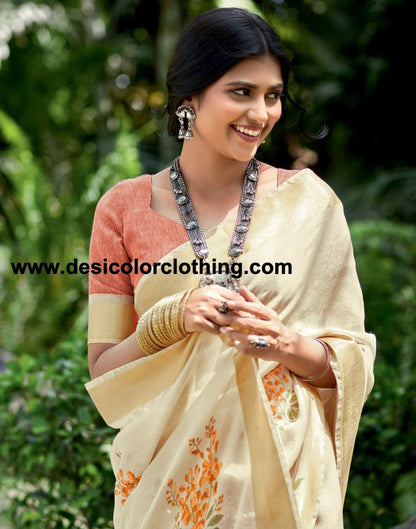 Cream Cotton Printed  Saree