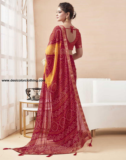 Red Bandhani Chiffon Saree