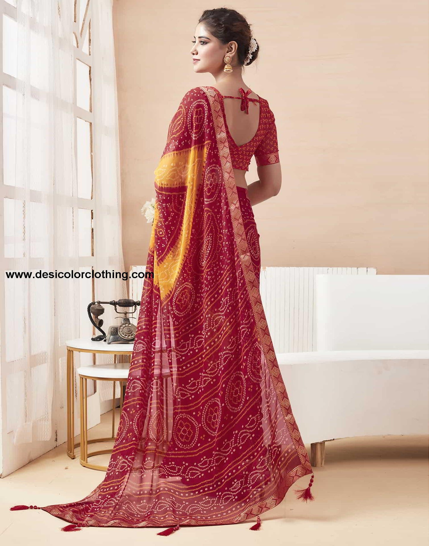 Red Bandhani Chiffon Saree