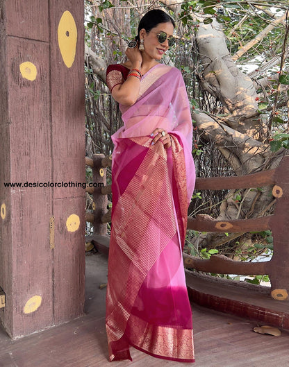 Wine Plain Organza Saree