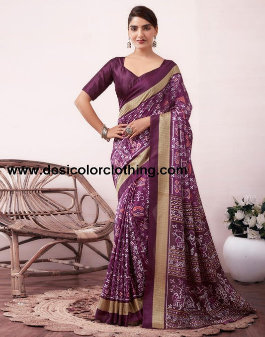 Deep Purple Silk Printed  Saree