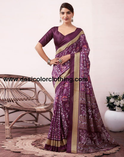 Deep Purple Silk Printed  Saree