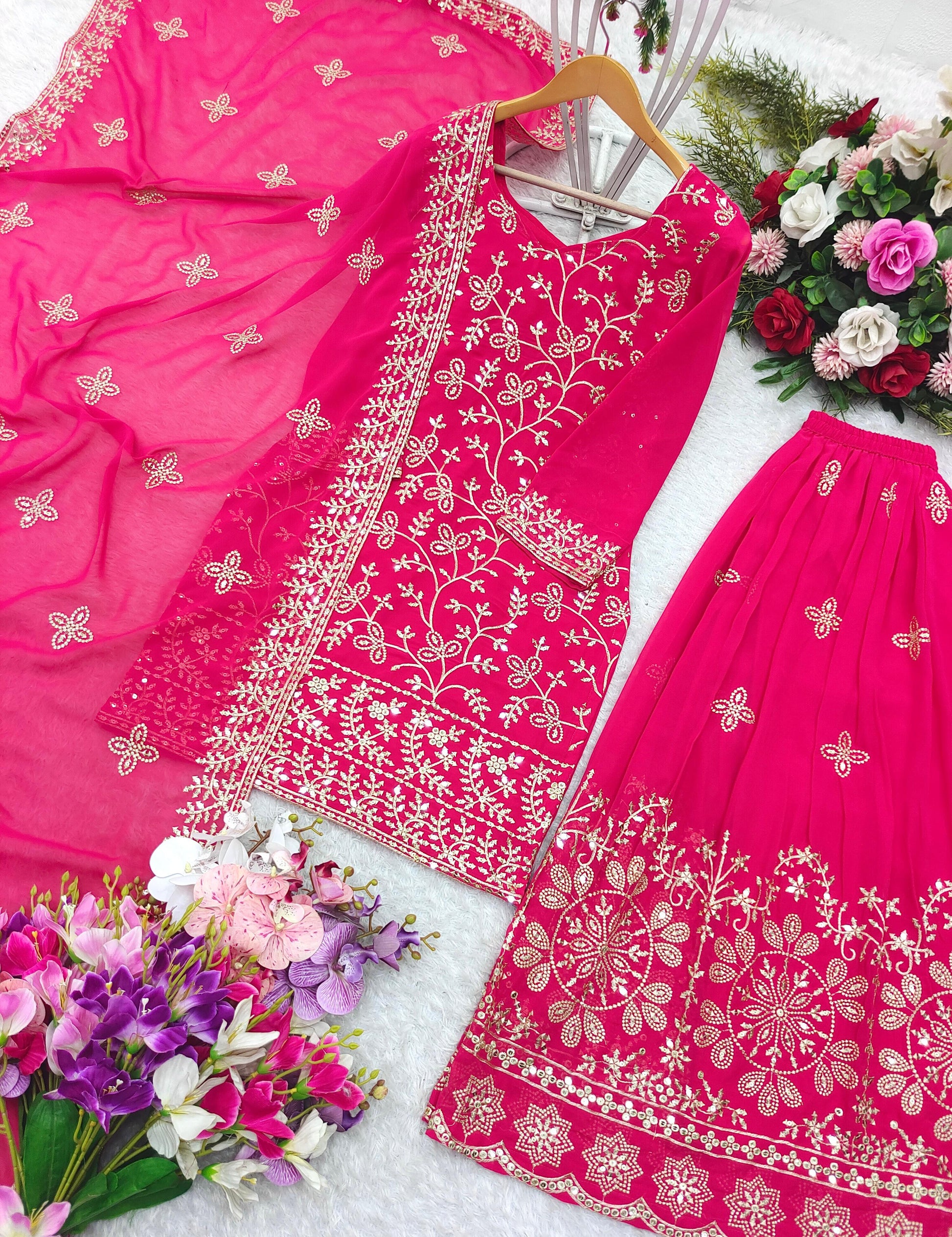 Product Image - Exquisite Pure Georgette Top-Plazzo With Dupatta Set - Ready to Wear