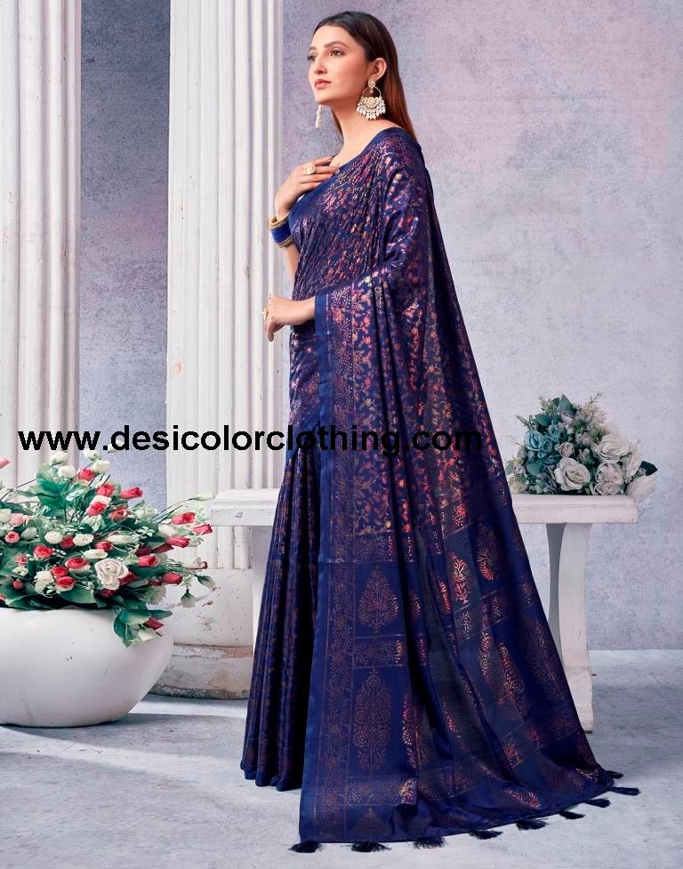 Dark Blue Silk Printed Saree