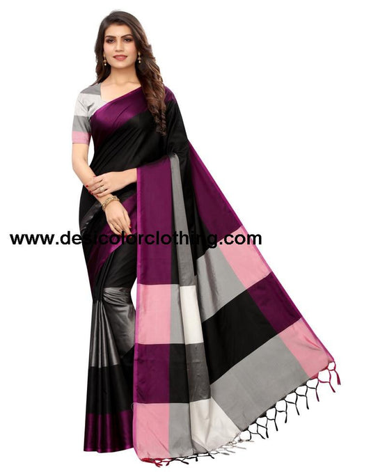 Black Coloured Poly Silk Woven Stripes Casual saree