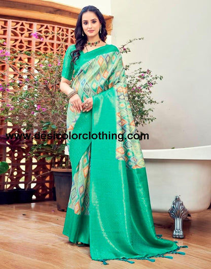 Turquoise Silk Printed Ready To Wear