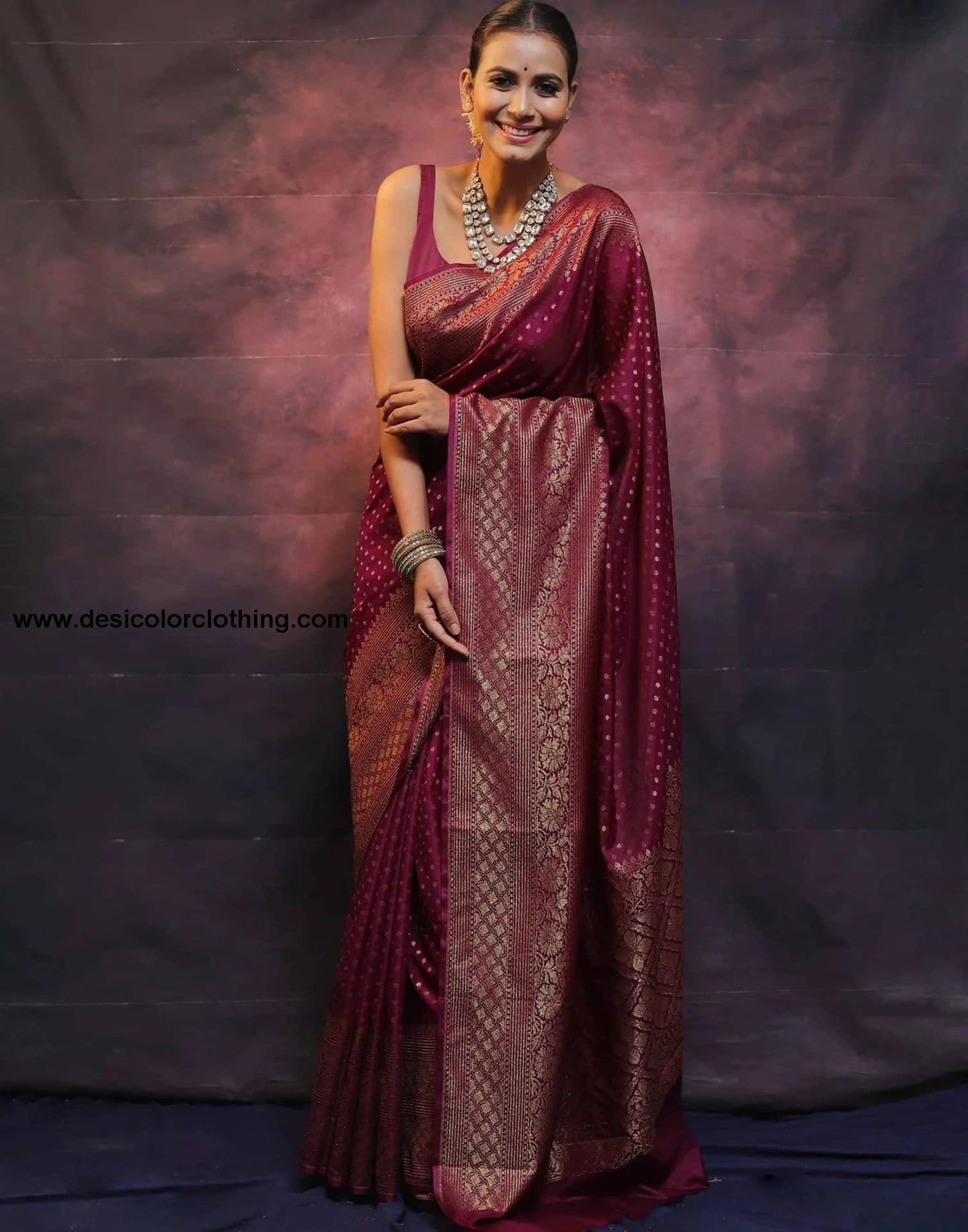 Wine Banarasi Silk Woven Saree