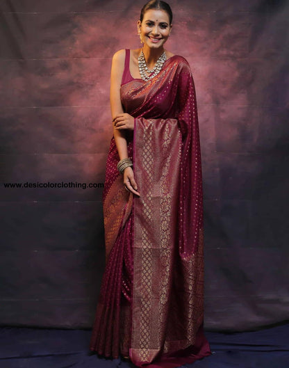Wine Banarasi Silk Woven Saree