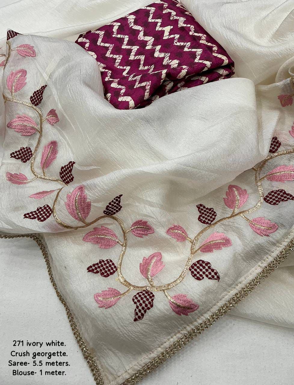 Product Image - Designer Georgette Saree with Embroidered Leaf Design | Premium Festive Wear