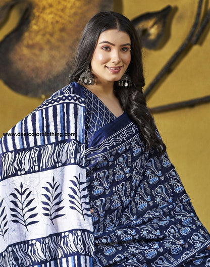 Dark Blue Printed Cotton Pre-Draped Saree