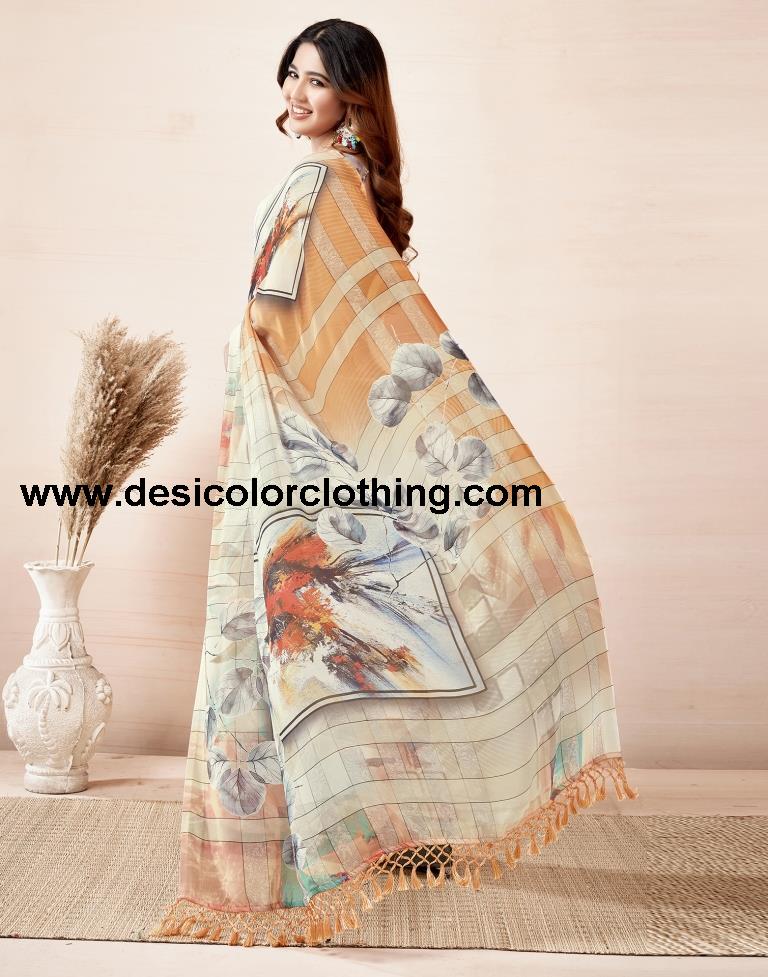 Cream Georgette Printed Sarees