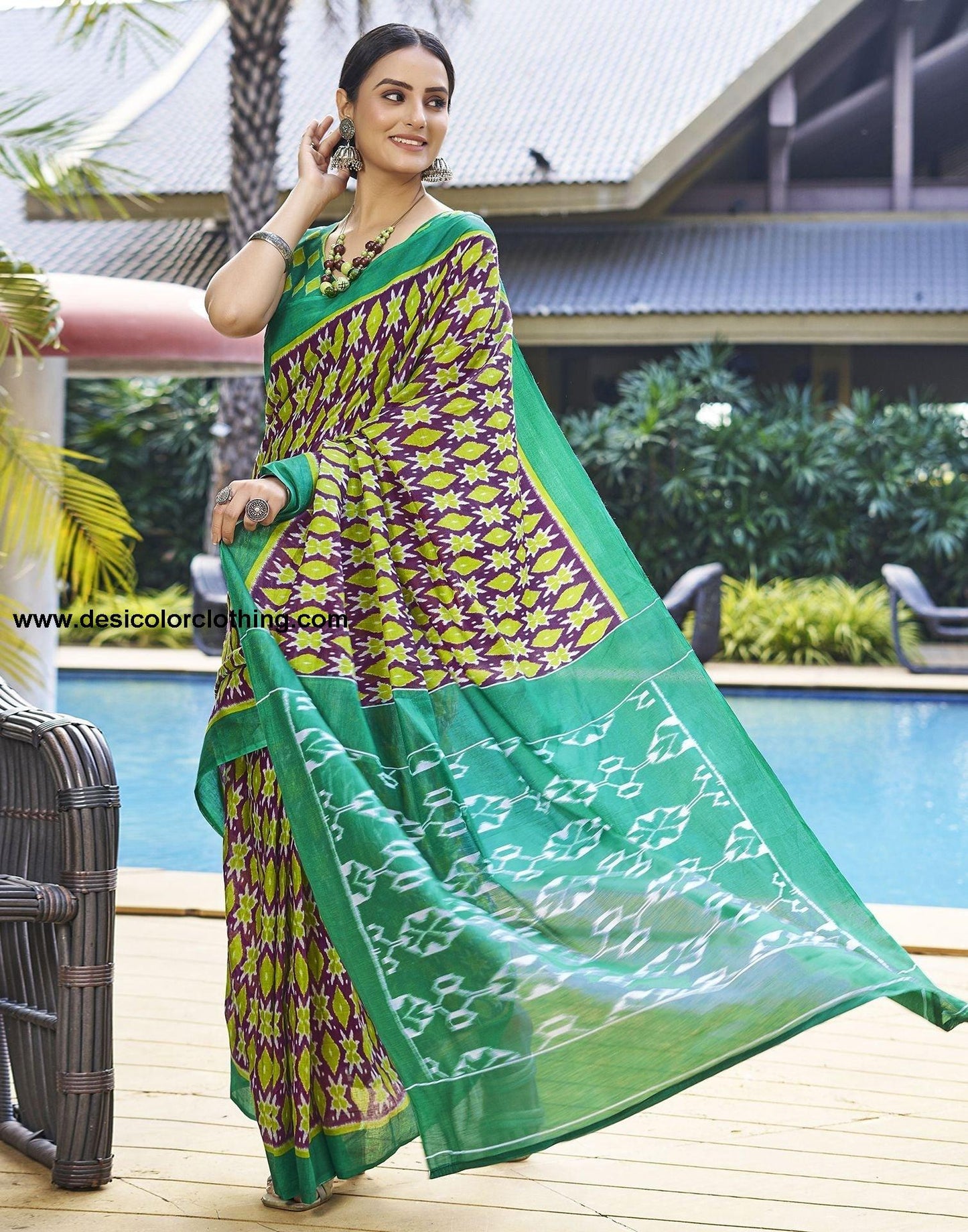 Purple Printed Cotton Pre-draped Saree