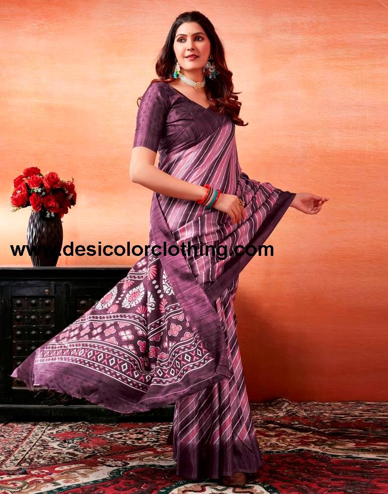 Dark Purple Silk Printed Sarees