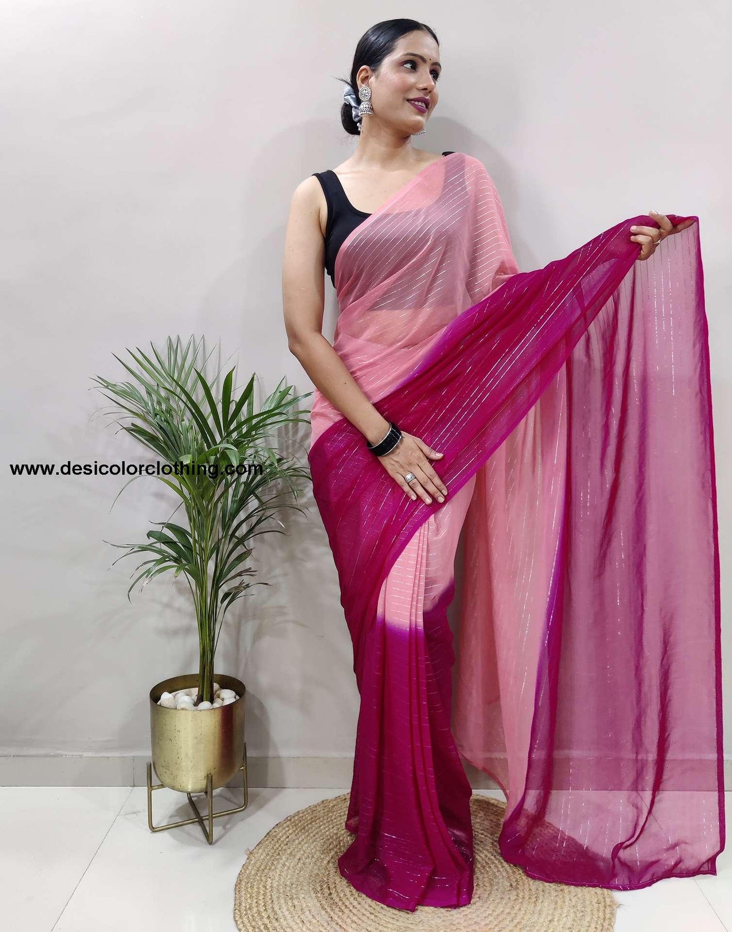 Peach Plain Georgette Pre-draped Saree