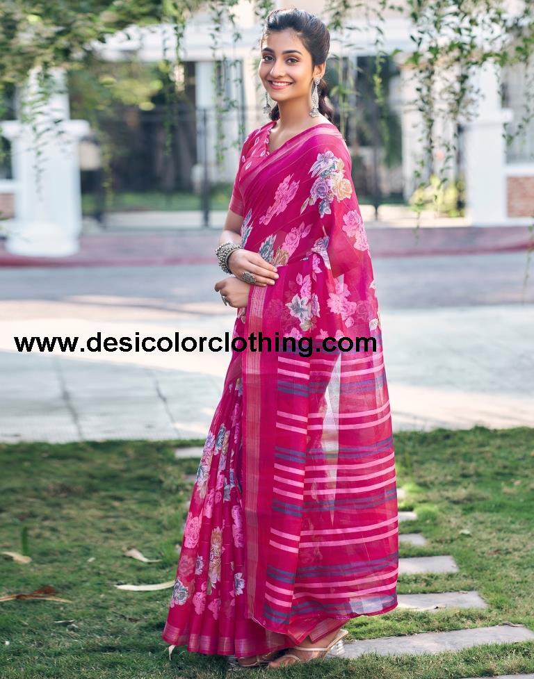 Rani Pink Cotton Printed Saree