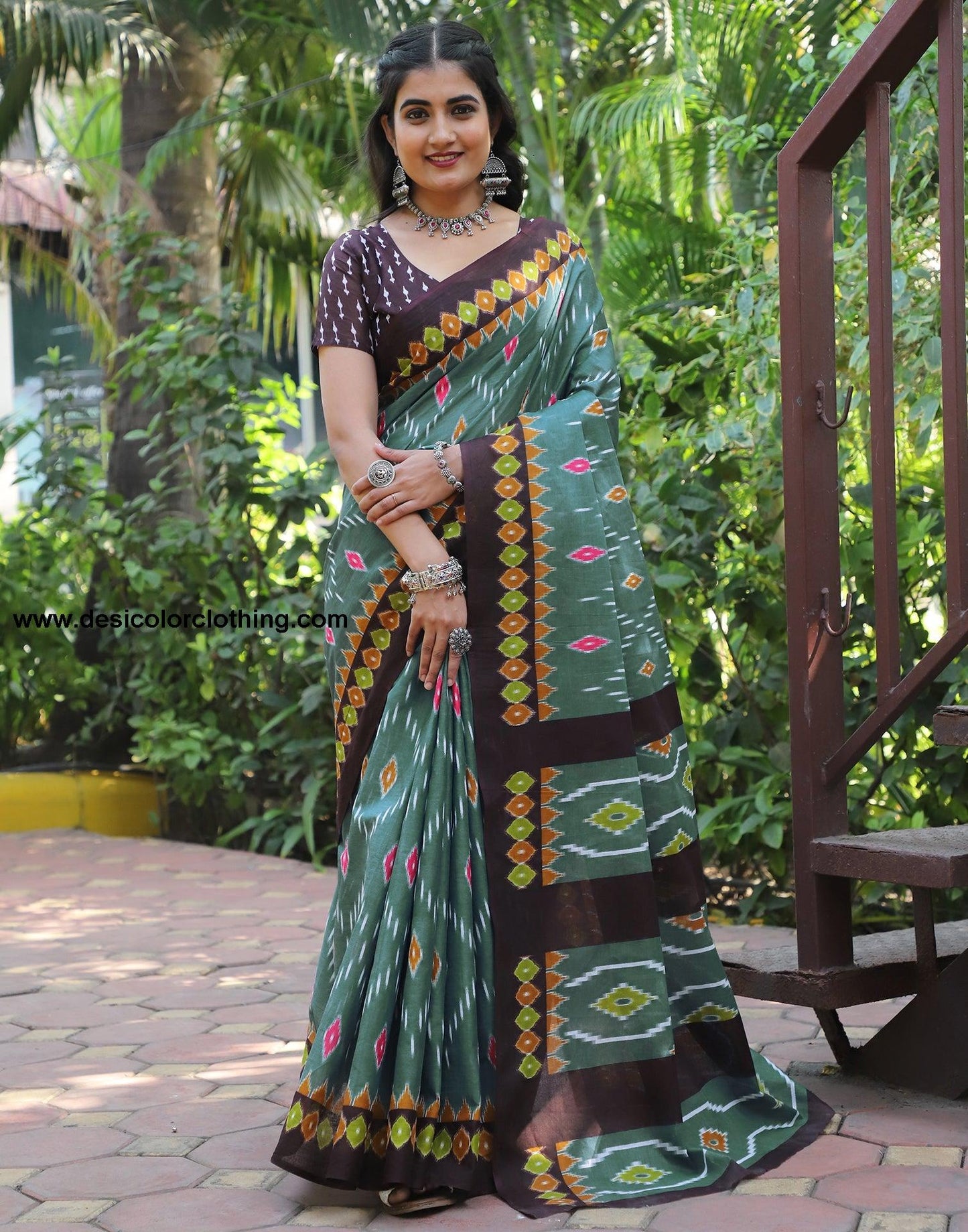 Dusty Green Cotton Printed Saree