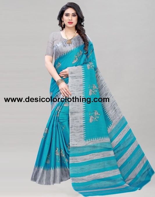 Blue Coloured Khadi Silk Printed Casual saree