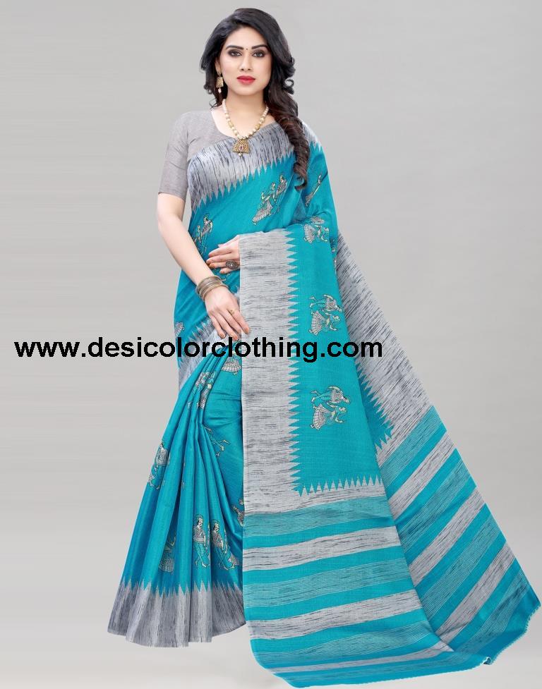 Blue Coloured Khadi Silk Printed Casual saree