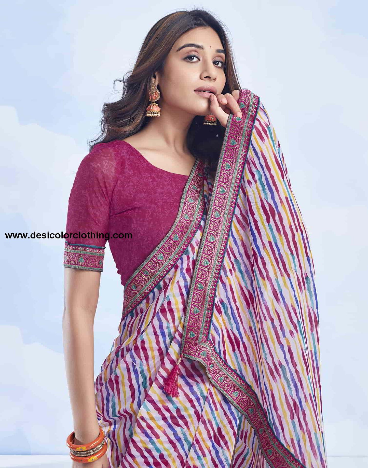 White Printed Chiffon Leheriya Saree