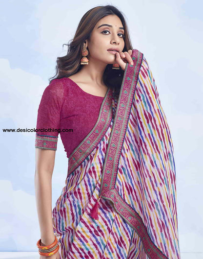 White Printed Chiffon Leheriya Saree