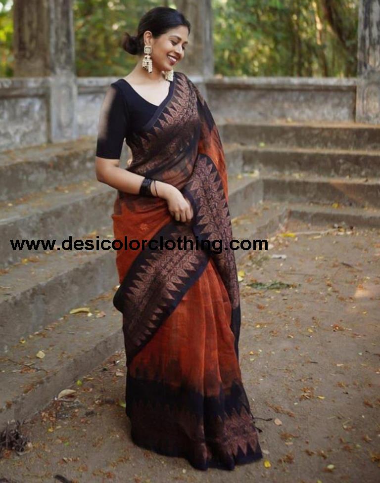 Rust Orange Cotton Weaving Saree