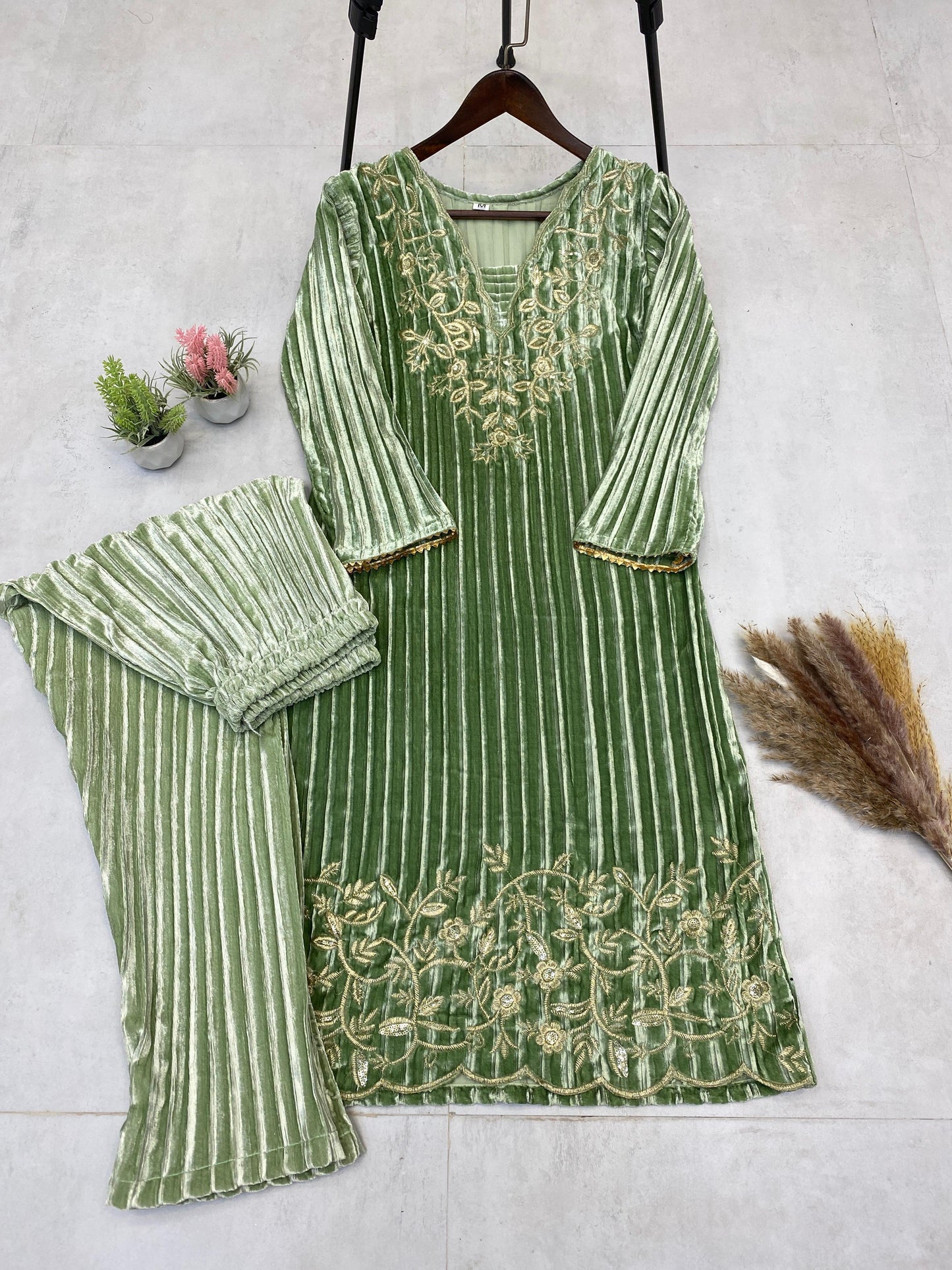 Product Image - Designer Blooming Velvet Embroidery Work Suit with Pant
