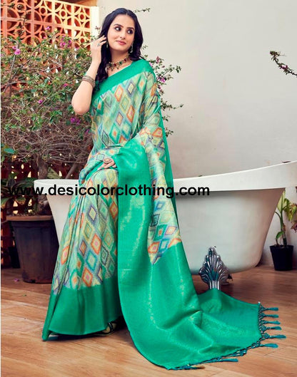 Turquoise Silk Printed Ready To Wear
