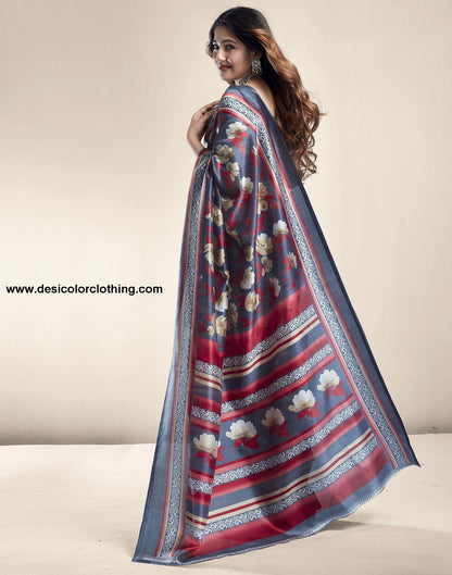 Dark Grey Printed Silk Saree