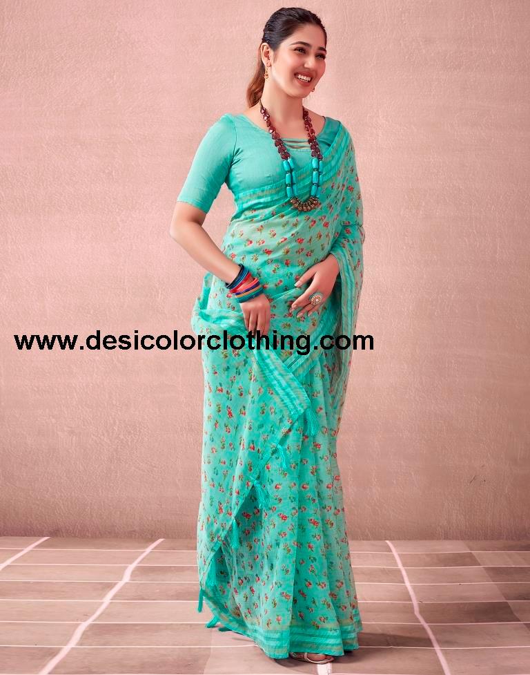 Turquoise Cotton Printed  Saree