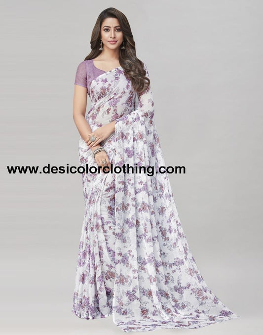 White Coloured Chiffon Floral Printed Casual saree