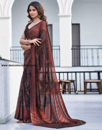 Brown Georgette Printed Saree