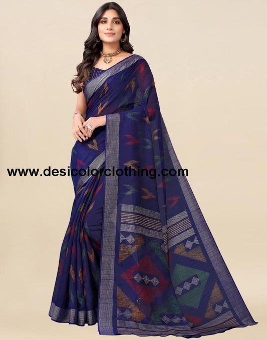Dark Blue Cotton Printed Saree