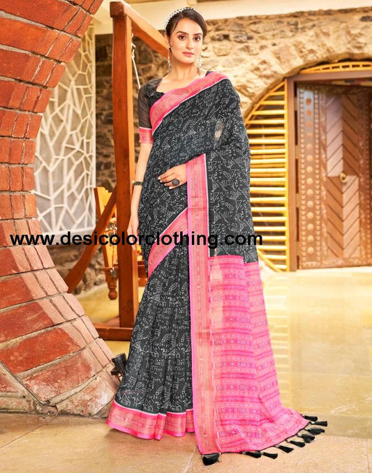Dark Grey Linen Printed  Saree