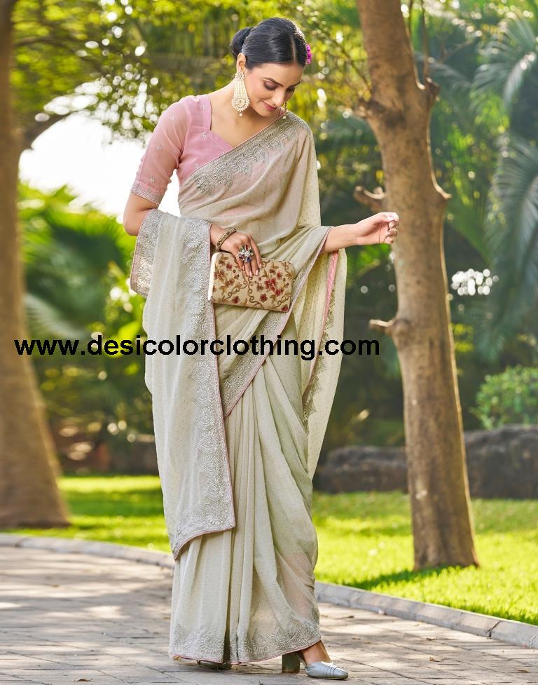 Dusty Light Green Georgette Embroidery Saree