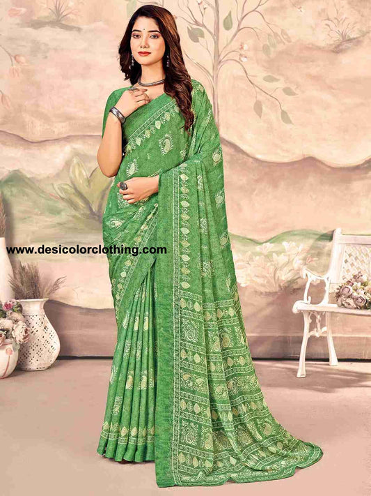 Green Chiffon Printed Saree