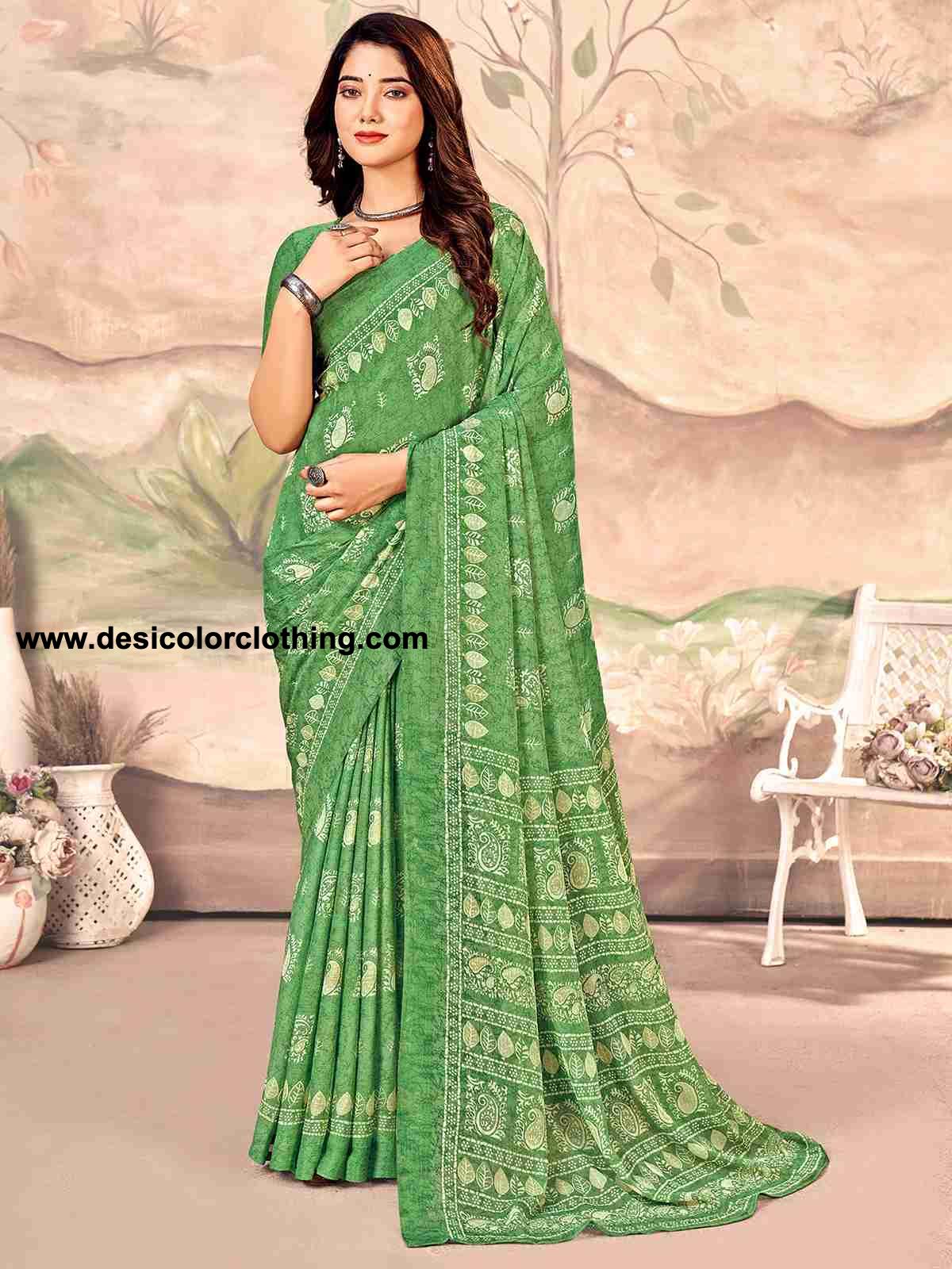 Green Chiffon Printed Saree