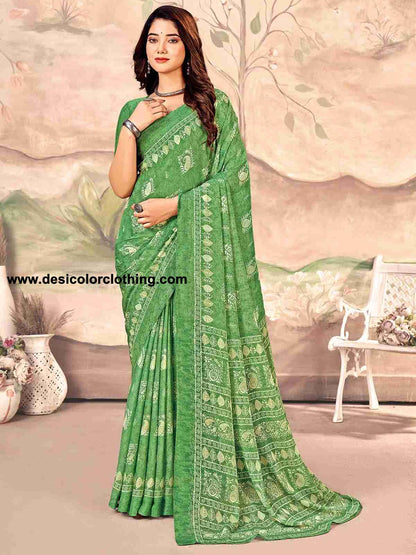 Green Chiffon Printed Saree