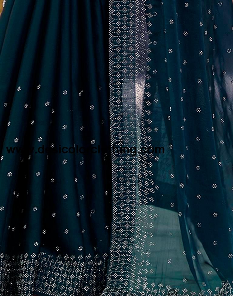 Dark Teal Blue Georgette Plain Saree