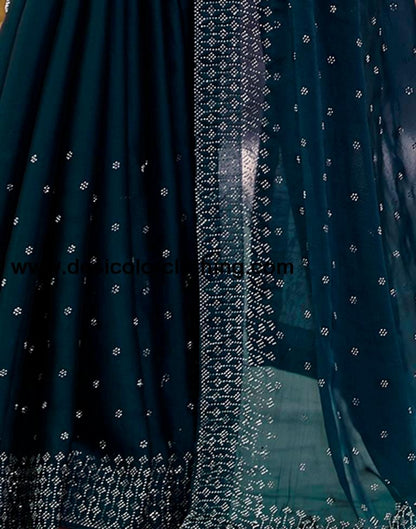 Dark Teal Blue Georgette Plain Saree