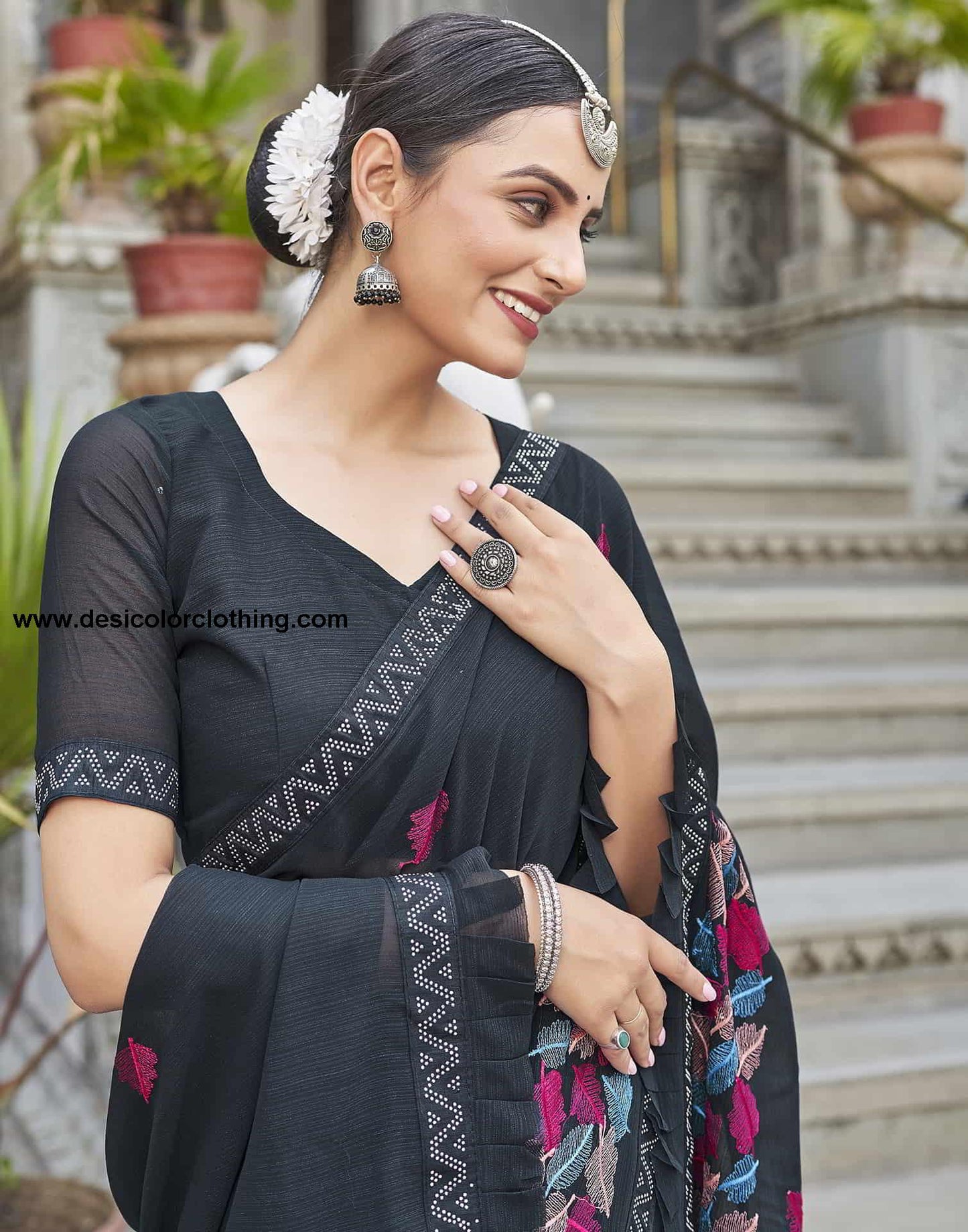 Blue Embroidery Georgette Stone Work Saree