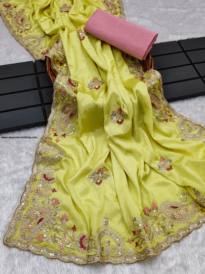 Premium Diamond Chinon Silk Saree with Heavy Embroidery